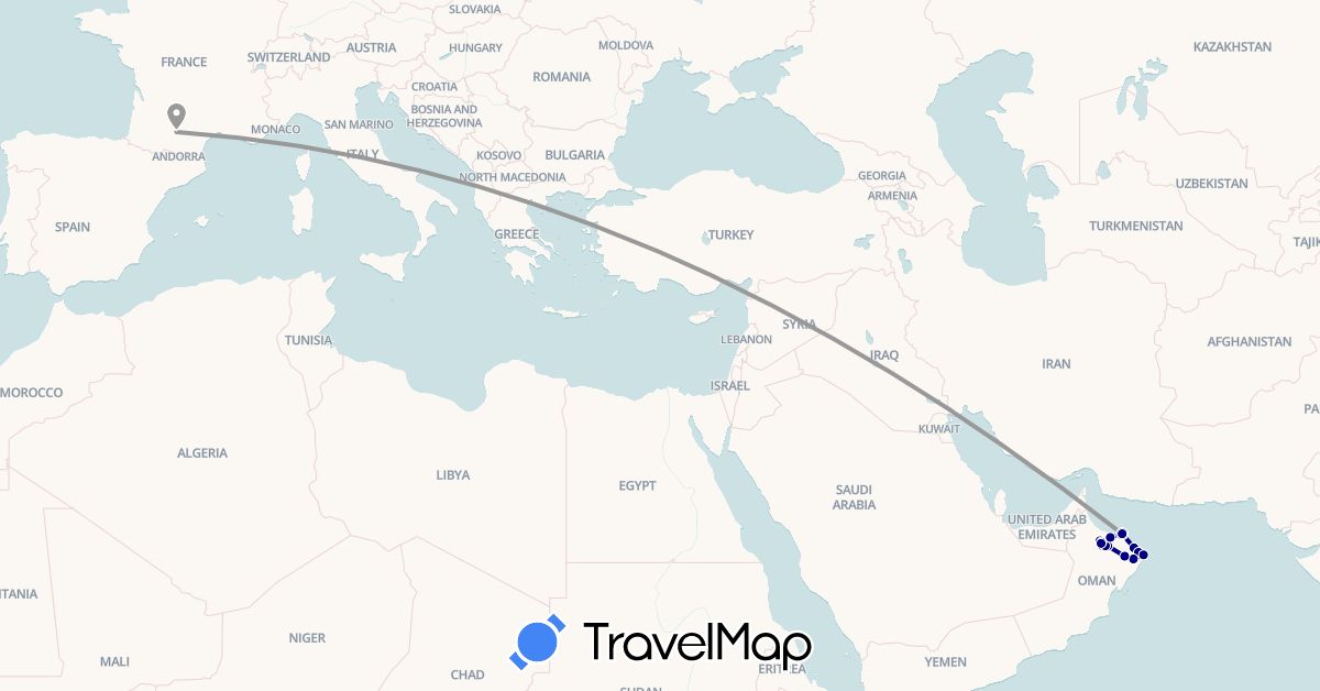 TravelMap itinerary: driving, plane in France, Oman (Asia, Europe)