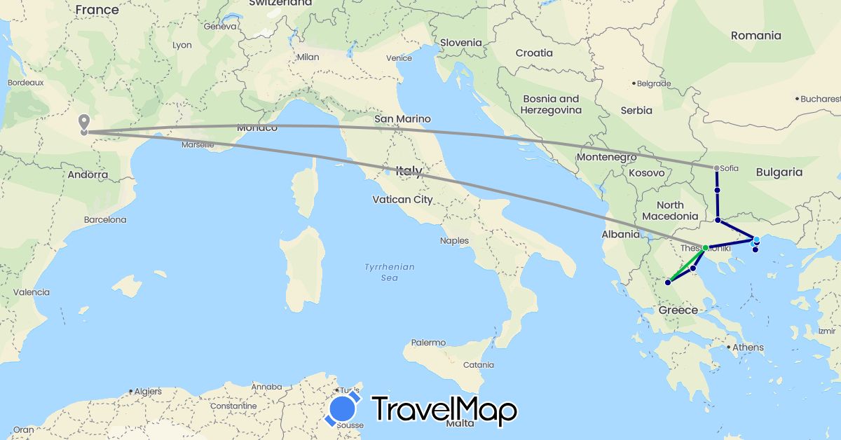 TravelMap itinerary: driving, bus, plane, boat in Bulgaria, France, Greece (Europe)