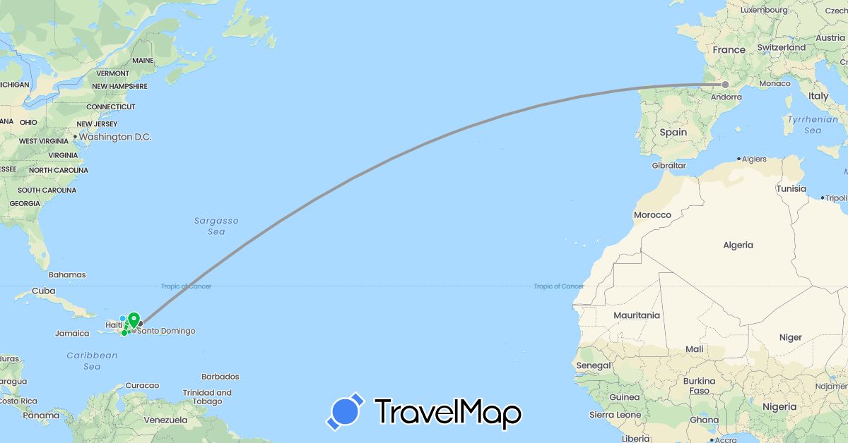 TravelMap itinerary: driving, bus, plane, boat, motorbike in Dominican Republic, France (Europe, North America)