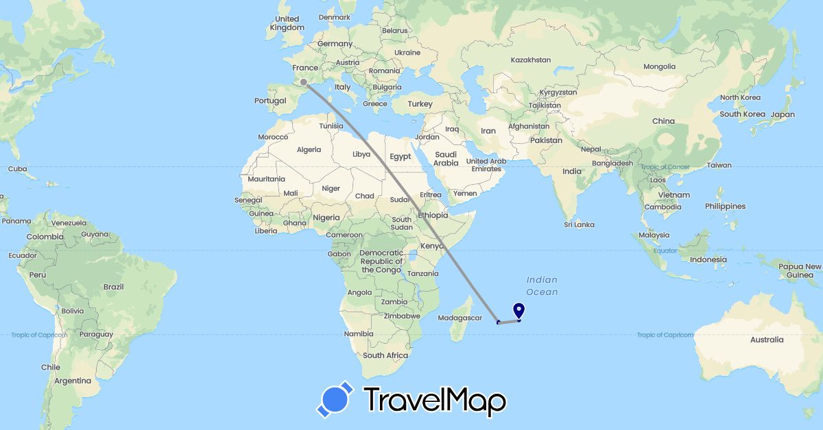 TravelMap itinerary: driving, plane in France, Mauritius (Africa, Europe)